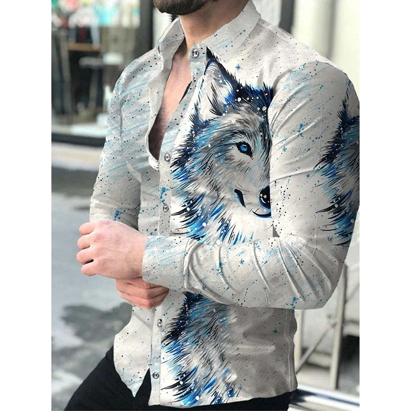 

2022 Casual Lapel Buttoned Long Sleeve Single Breasted Cardigan Shirts Fashion Men 3D Digital Printed Wolf Pattern Street Shirts
