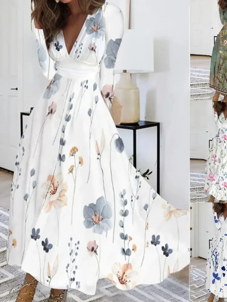 Осеннее элегантное вечернее длинное платье с цветочным принтом для женщин