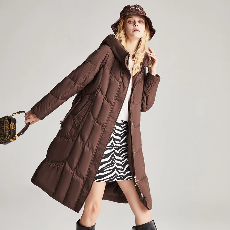 JAZZEVAR 2022 New Ladies Hooded Drawstring Waist Slim-fit Mid-length Winter Down Jacket Women's Warm Outwear