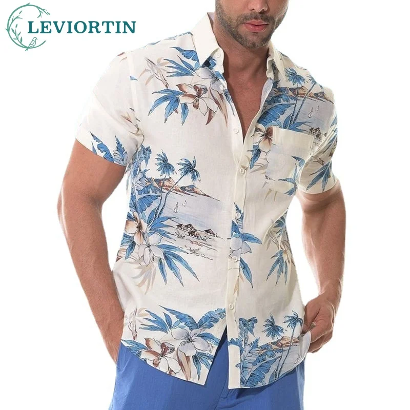

Tropical Plant Print White Hawaiian Shirt Men Short Sleeve Fashion 2023 Summer Male blusa masculina Beach Holiday Blouse Top