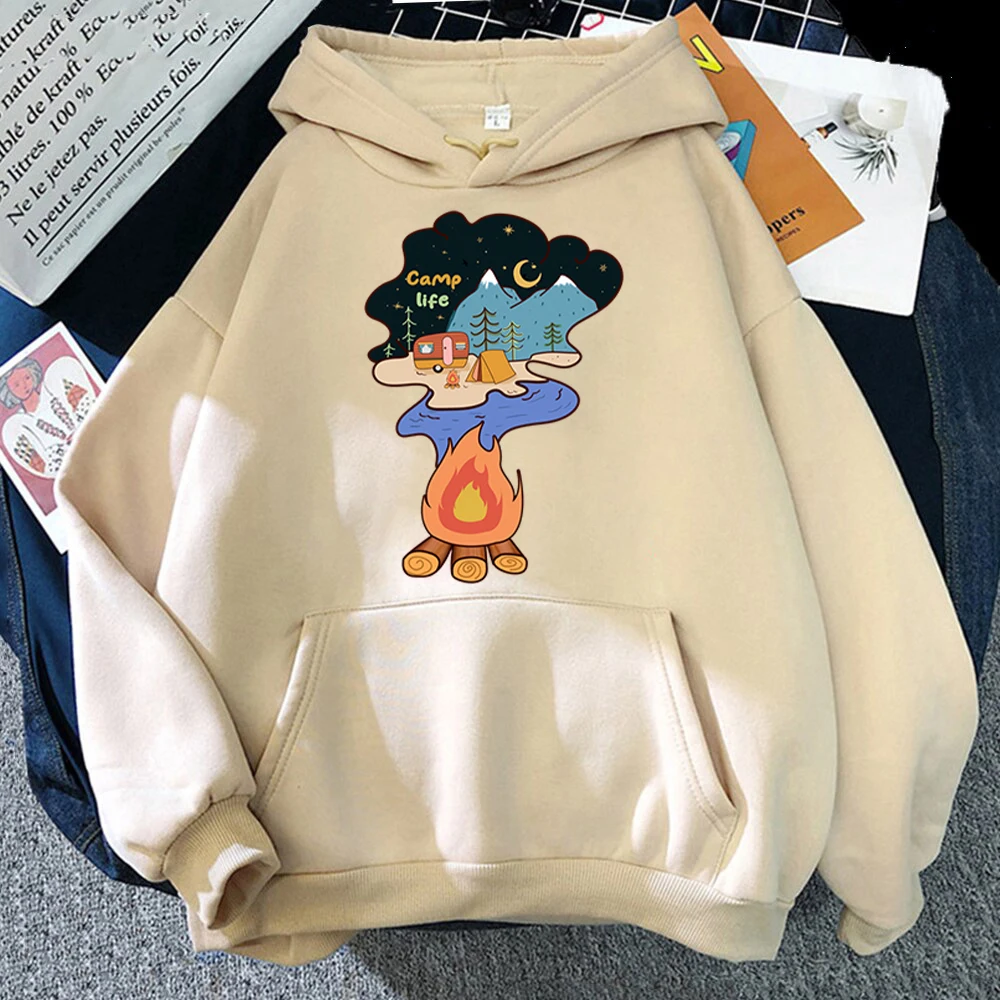 

Женская винтажная одежда для кемпинга, свитшот с мультяшным пламенем в уличном стиле, весенние женские толстовки с капюшоном для кемпинга и...