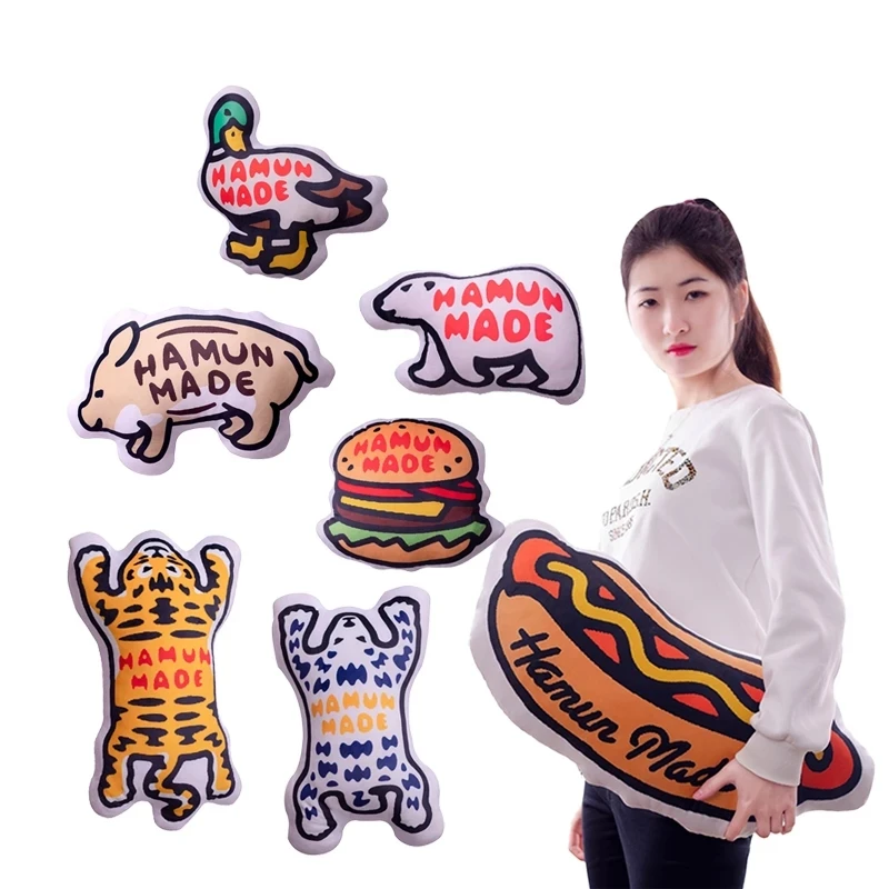 

Cartoon Japanese Human Made Printed Pillow Tiger Hamburger Pig Stuffed Animal Food Throw Pillow Cushion Home Decoration Kid Toy