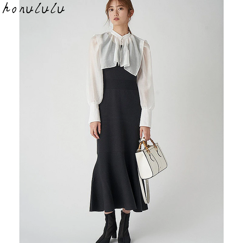 

2022 spring new sweet fairy 2 wearing detachable collar knitted stitching fishtail dress female