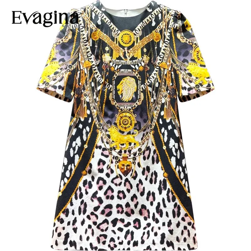 

Evagina Fashion Vintage Leopard Print Mini Pure Cotton dress Spring Summer Women's Short Sleeved Holiday Dresses