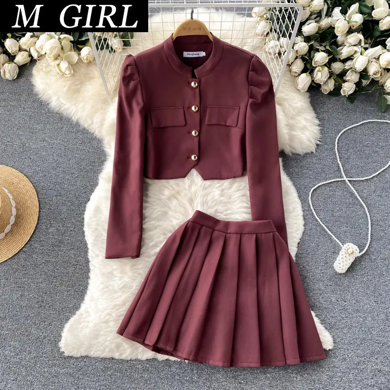 M GIRLS Autumn Skirt Sets Red/Khaki/Black Single Button Long Sleeve Short Tops + Mini Pleated Skirt  Female Tarf Suit Elegant