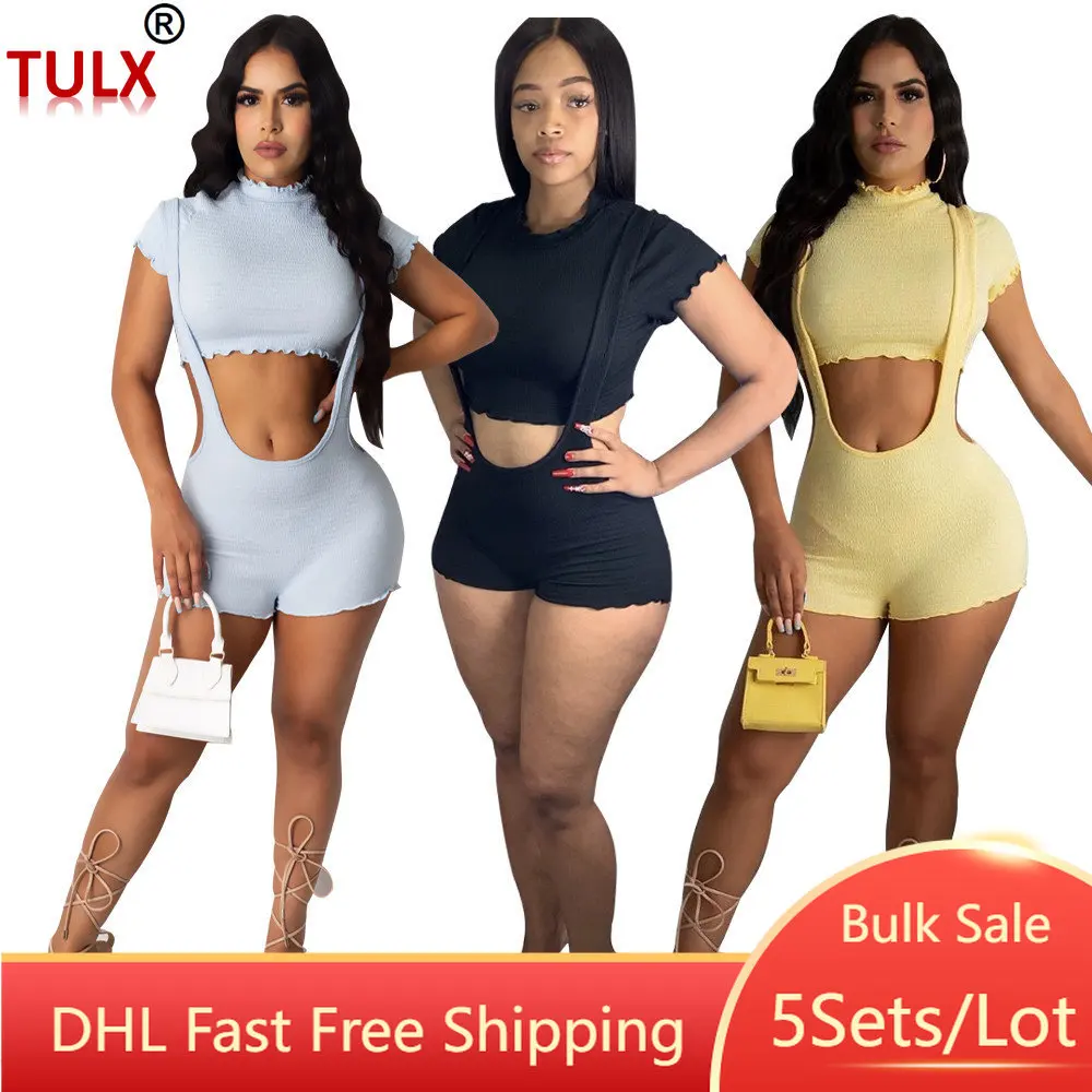 

5sets Wholesale Summer 2 Piece Sets Women Outfits Women Crop Top T-shirt Suspender Shorts Suits High Street Short Overalls 9322