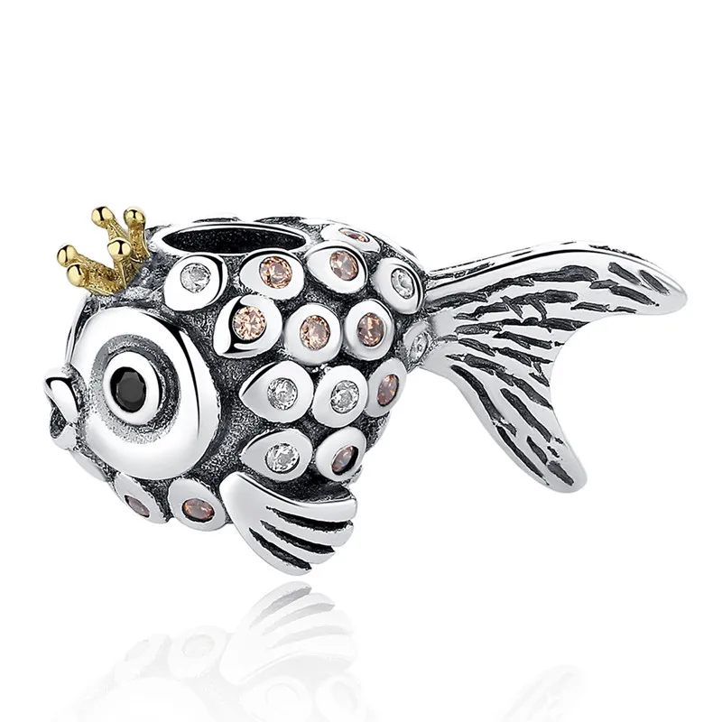 

With Crown Fish Colored Zircon Charms Silver Plated Sliver Fits Original Pandora Bracelet Necklace Underwater World Charm Beads