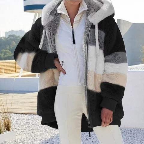 2023 Women's Oversized Hooded Jacket with Fleece and Patchwork, Zipper and Pockets, Warm and Fashionable Hoodies & Sweatshirts