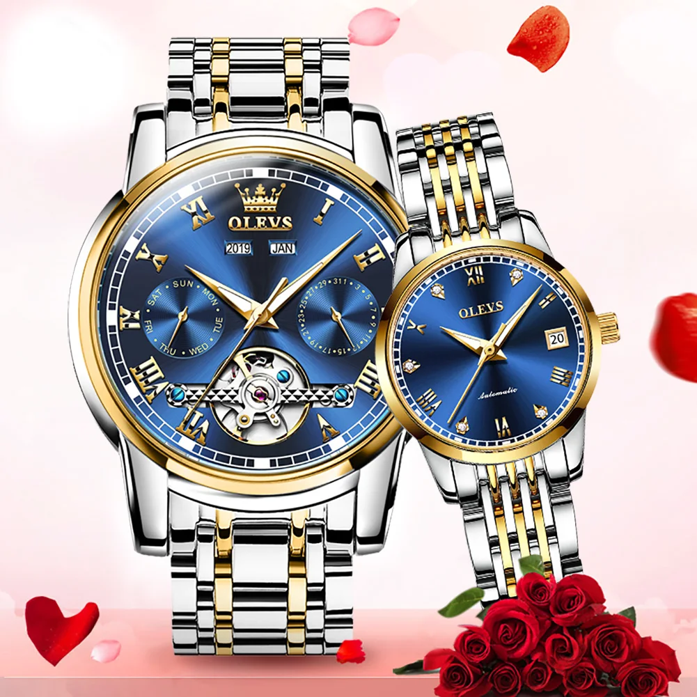 OLEVS New Luxury Couple Watch Automatic Mechanical Wristwatch Fashion Lover Classic Waterproof Watches Lover's Gifts