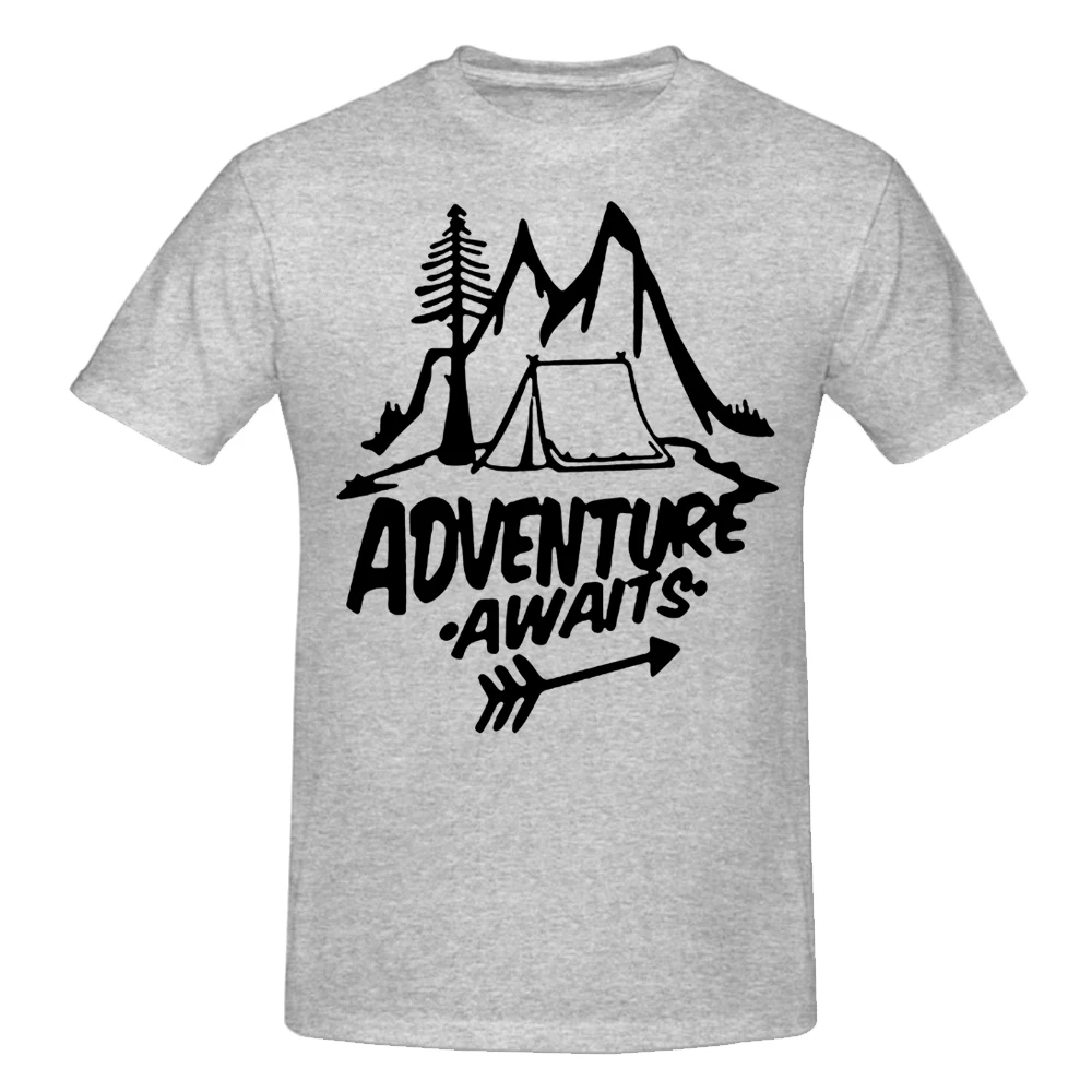 Футболка унисекс с надписью «Adventure Awaits», футболка с принтом сосновой елки и гор, из чистого хлопка, с коротким рукавом, для путешествий