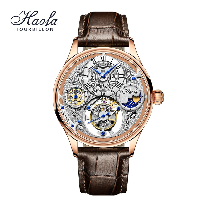 

Haofa Real Tourbillon Mechanical Movement GMT Mens Watch Sapphire Flying Tourbillon Day And Night Wristwatches montre homme luxe