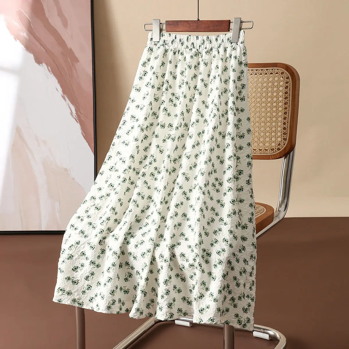 

2022 Summer Flowers Printed Skirts Elastic Waist High Waist A Line Floral Dobby Skirts Korean Fashion Clothing Prairie Chic