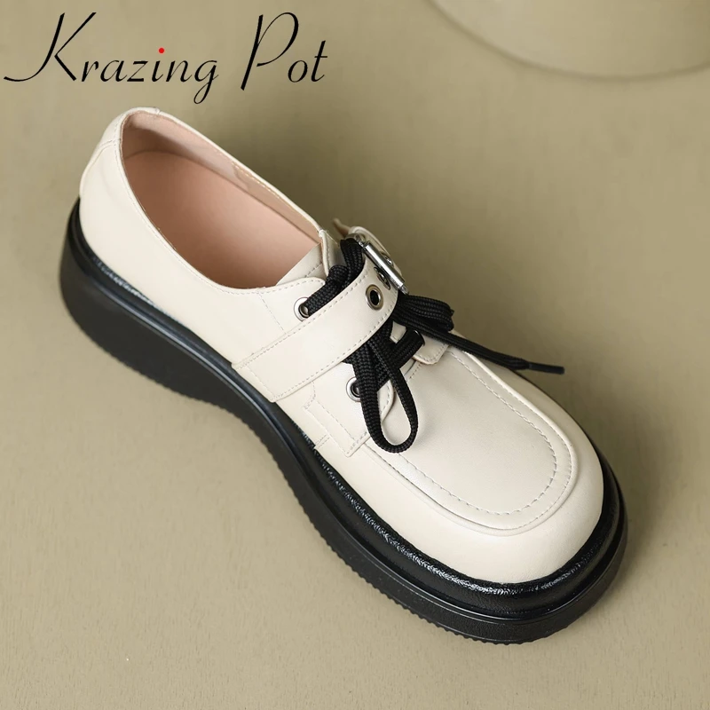 

Krazing Pot Sheep Leather Round Toe Med Heel Loafers Shoes Thick Bottom Preppy Style Belt Buckle Cozy Rivets Lace-up Women Pumps