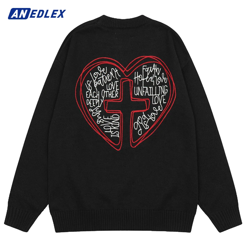 

Harajuku Men Women Knitted Sweater Heart Letter Embroidery Pullover Sweaters Streetwear Hip Hop Autumn Casual Loose Sweater