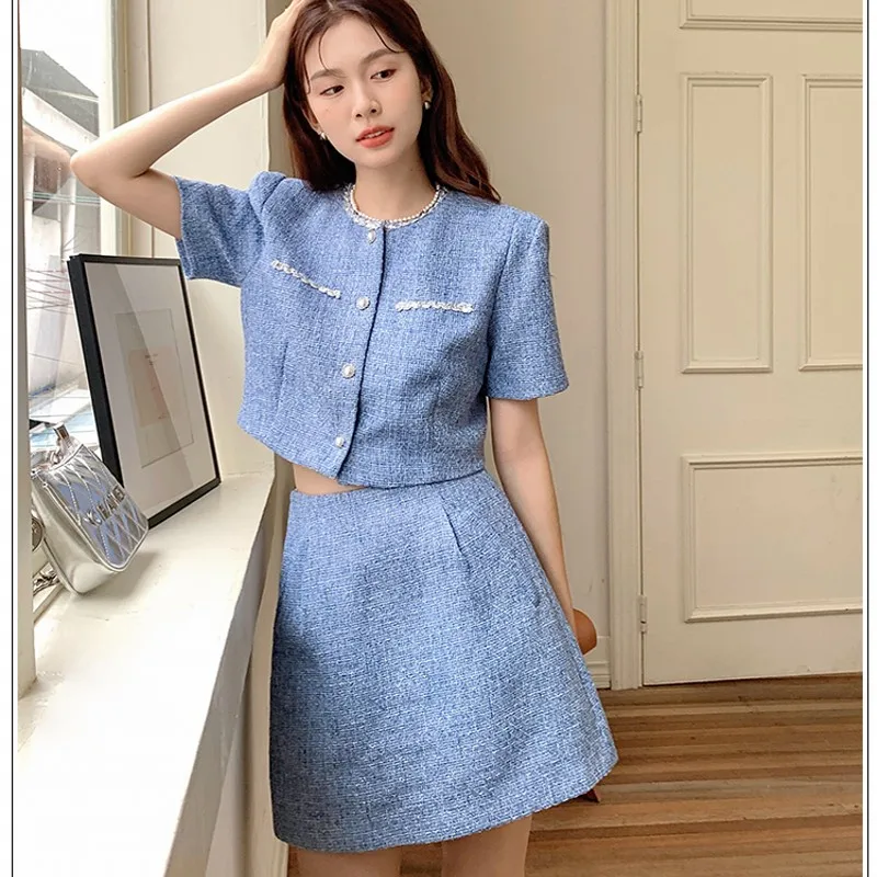 

Женский комплект из двух предметов, Маленький очаровательный топ с коротким рукавом и узкая трапециевидная мини-юбка, элегантный твидовый комплект из двух предметов, лето 2023