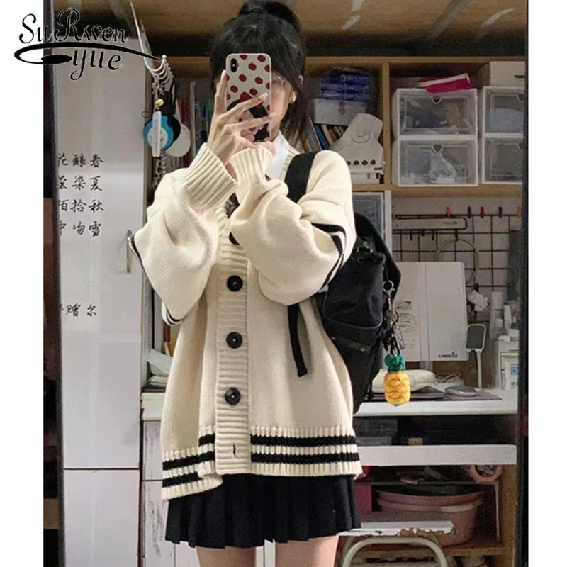 

Autumn and winter new V-neck college style Korean version loose and versatile sweater for student knitted cardigan tops 22958