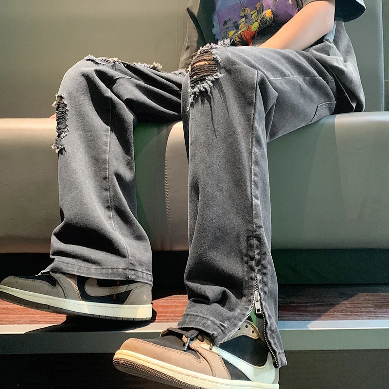 DEEPTOWN Ripped Zipper Jeans Men Hole Straight Denim Pants Vintage Loose Casual Trouers Male Streetwear Hip Hop Fashion Spring