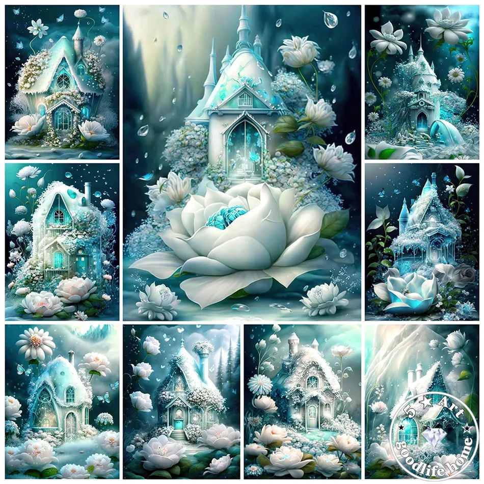 

White Peony 5d Diamond Painting DIY Fantasy House Flower Landscape Embroidery Rhinestones Stitch Painting Mosaic Decor Craft