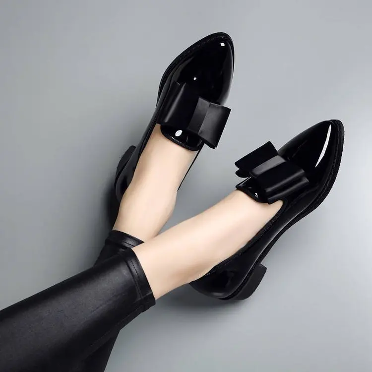 Spring Autumn Women Shoes Bowtie Loafers Patent Leather Women's Low Heels Slip On Footwear Female Pointed Toe Thick Heel