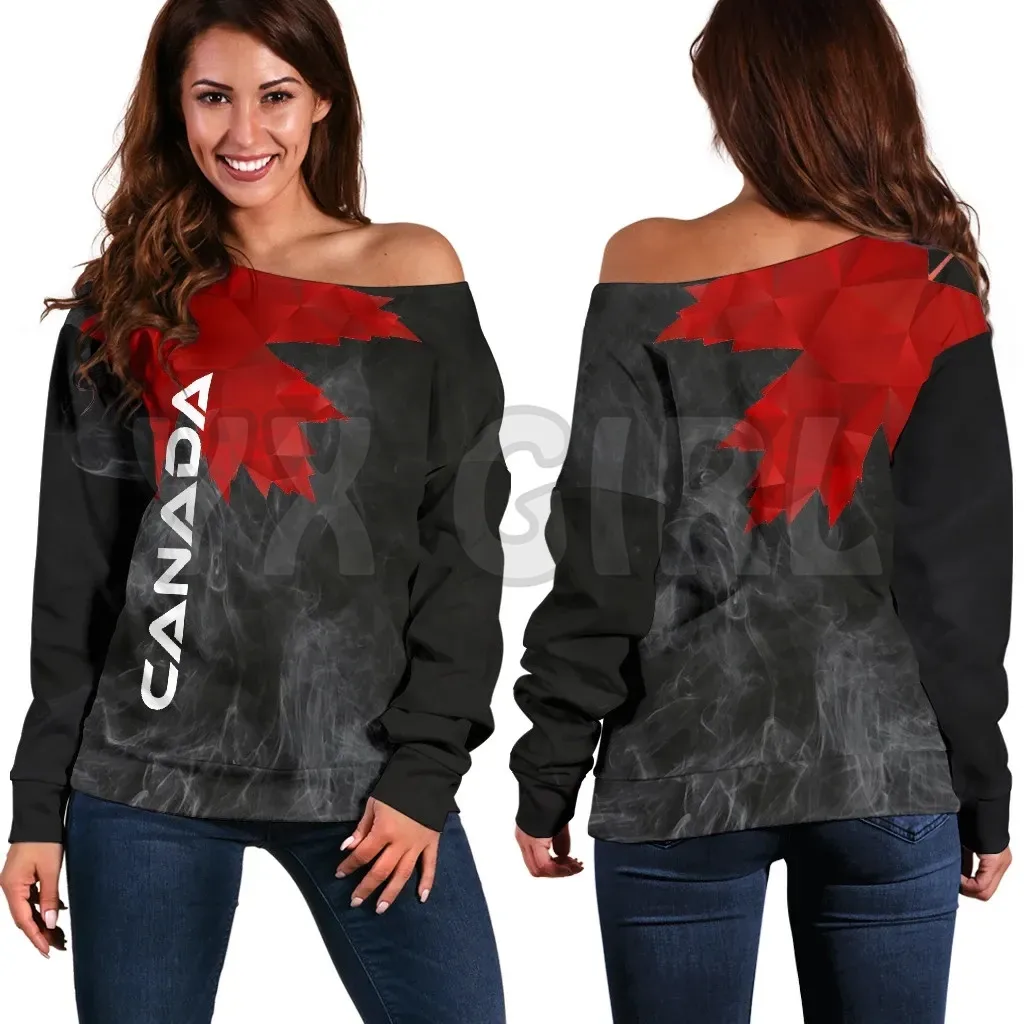 YX GIRL Canada Maple Leaf Women's Off Shoulder Sweater  3D Printed Novelty Women Casual Long Sleeve Sweater Pullover