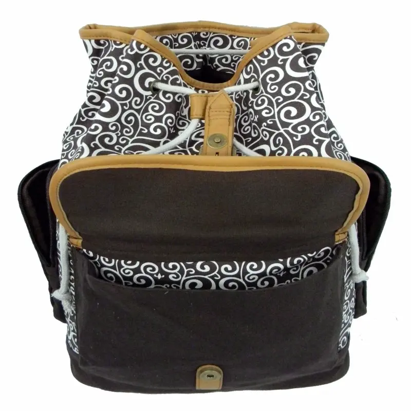 K-Cliffs Unisex Canvas Printed Laptop Backpack in Black/Grey with Brown Trim