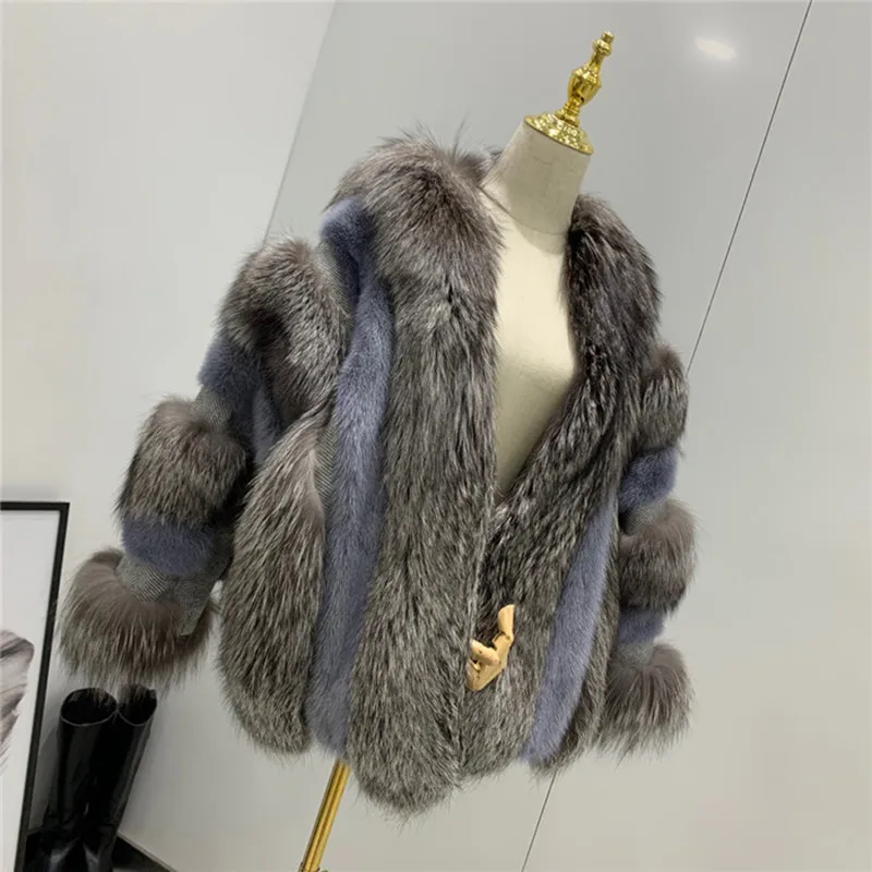 winter jacket women natural fox fur coat stiching mink fur Double-sided woolen coat ladies real fur jacket