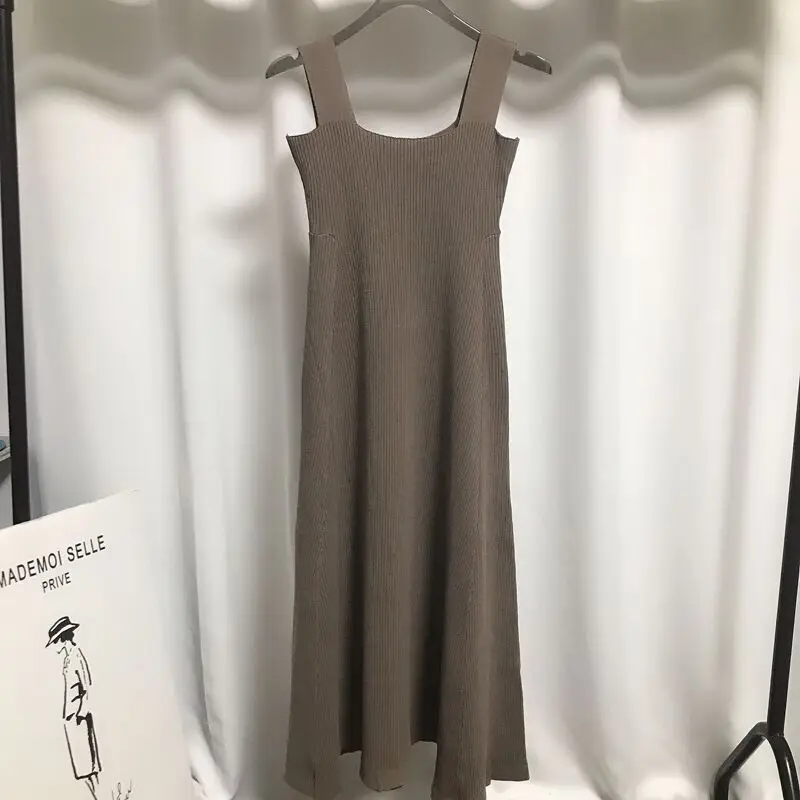 Spring and Autumn I-Shaped Collar Cami Dress Women Long Outer Wear Waist Hugging Slimming A Word Knitted Base Sweater |