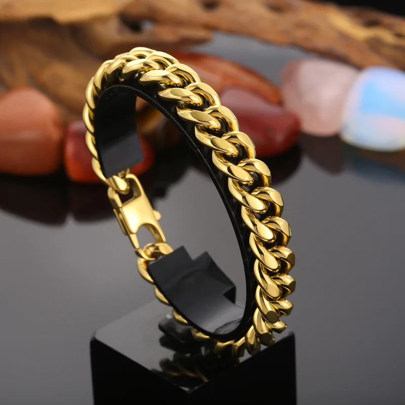 

12mm Miami Gold Color Polished Curb Cuban Link Chain Bracelet Men Women Punk Hiphop Stainless Steel Fashion Bracelets Jewelry