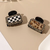 hot selling korean mini chessboard black and white simple fashion leopard print hairpin with diamonds grip clip for woman girls