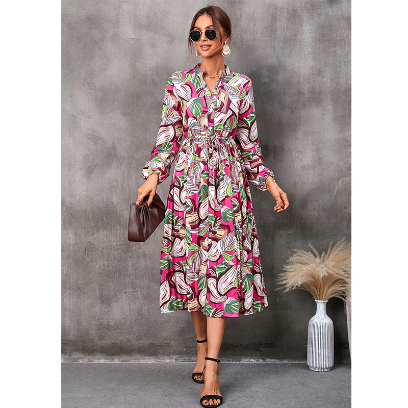 

Long Sleeve Maxi Women Autumn Leaf Print Midi Long Sleeve Dress Waist Single Breasted Pleated Classy Commute Tunic Patchwork