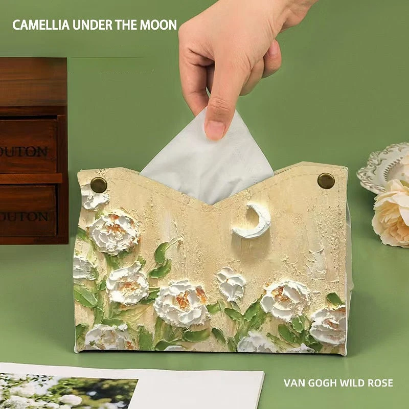 

Under The Moon White Camellia Oil Painting Tissue Box Art Atmosphere, Desktop Paper Drawer Box High-grade Car Paper Drawer Box