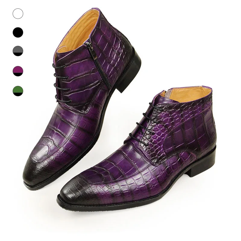 S Fashion Genuine Cow Leather Skin Printing Men Ankle Rubber Sole White Purple Green Variety Color Options