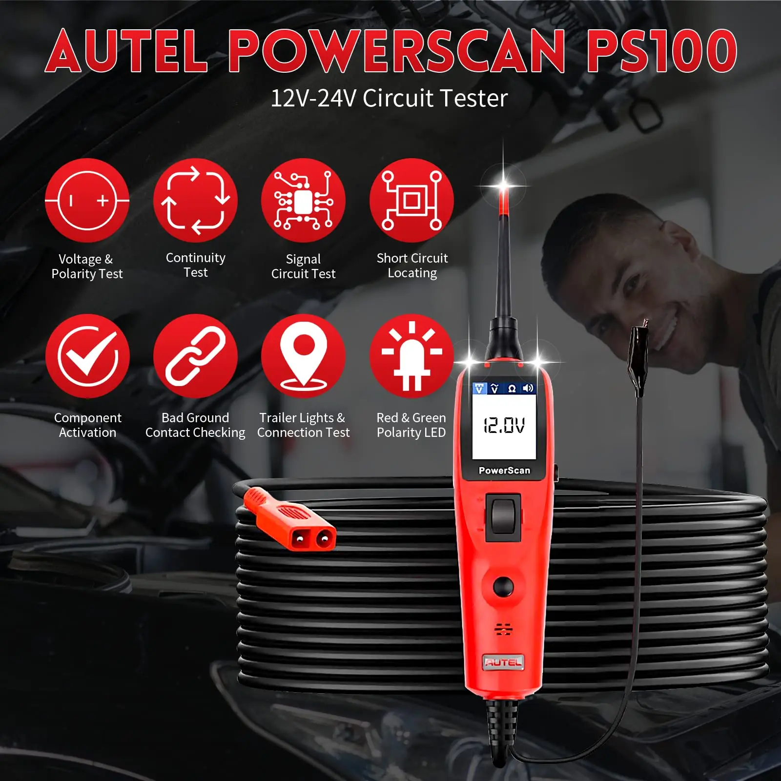 Autel Power Scan PS100 комплект зондов цепи электропитания 12 в 24 в переменный и постоянный ток цифровой инструмент для диагностики автомобиля