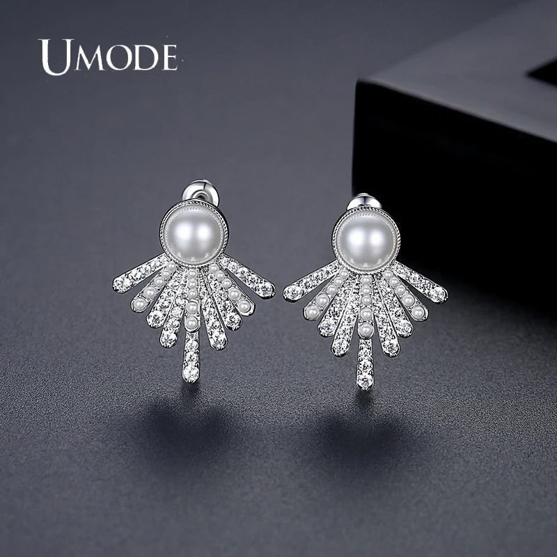 

UMDOE NEW Pearl Jewelry Stud Earrings for Women Rhodium Plated Irregular CZ Boucle D'Oreille Femme Bijoux Drop Shipping UE0809