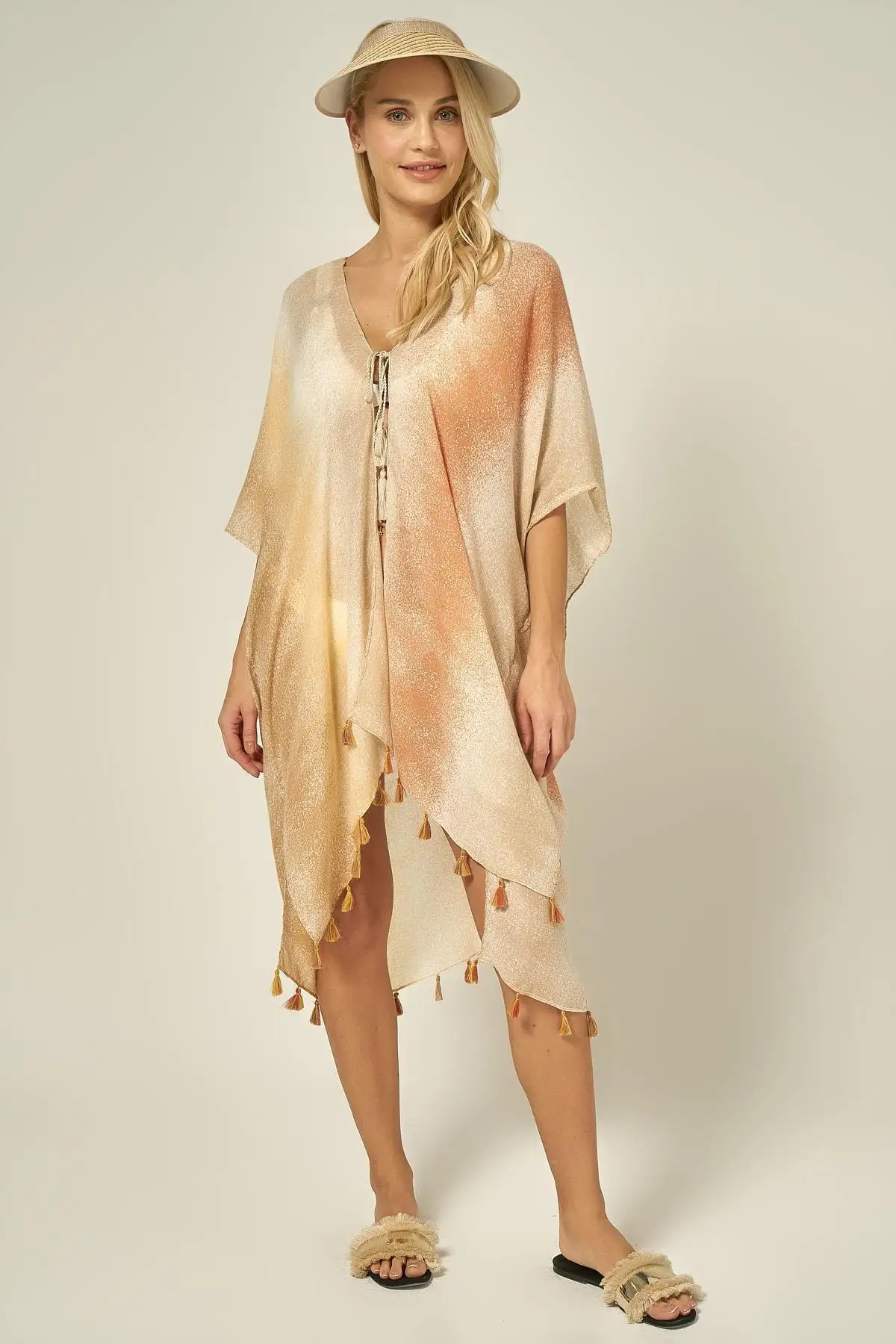 

Women's Pareo Beige Gradient Tassels Swimwear Cover Dress Sexy Tunic Suit Beachwear Female Beach Bikini Cover