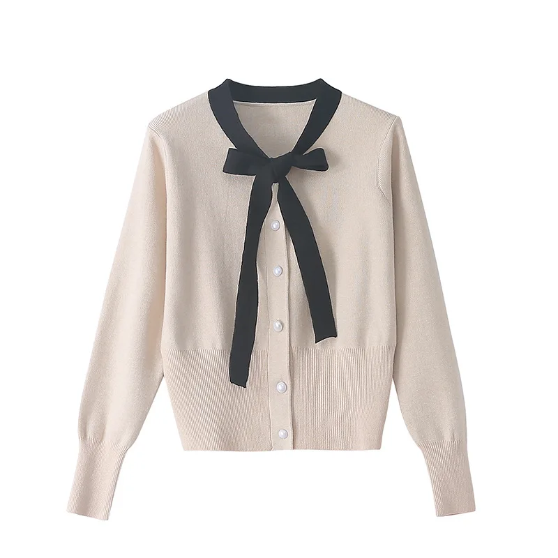 

Женский вязаный кардиган с бантом, бежевый/белый/черный повседневный шикарный весенний Кардиган с длинным рукавом, верхняя одежда в Корейском стиле