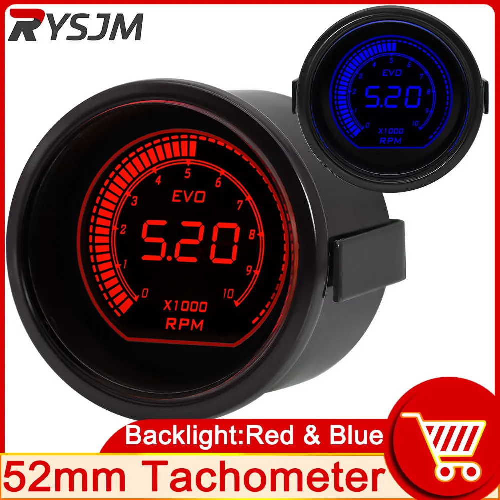 

Автомобильный Тахометр 12 в 52 мм 2 цвета красный синий Универсальный Авто Цифровой тахометр датчик 0 ~ 10000 об/мин Метр такометро светодиодный с...
