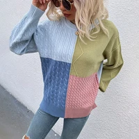 2022 sweater womens autumn and winter new square stitching lantern sleeve twist color contrast knitted sweater