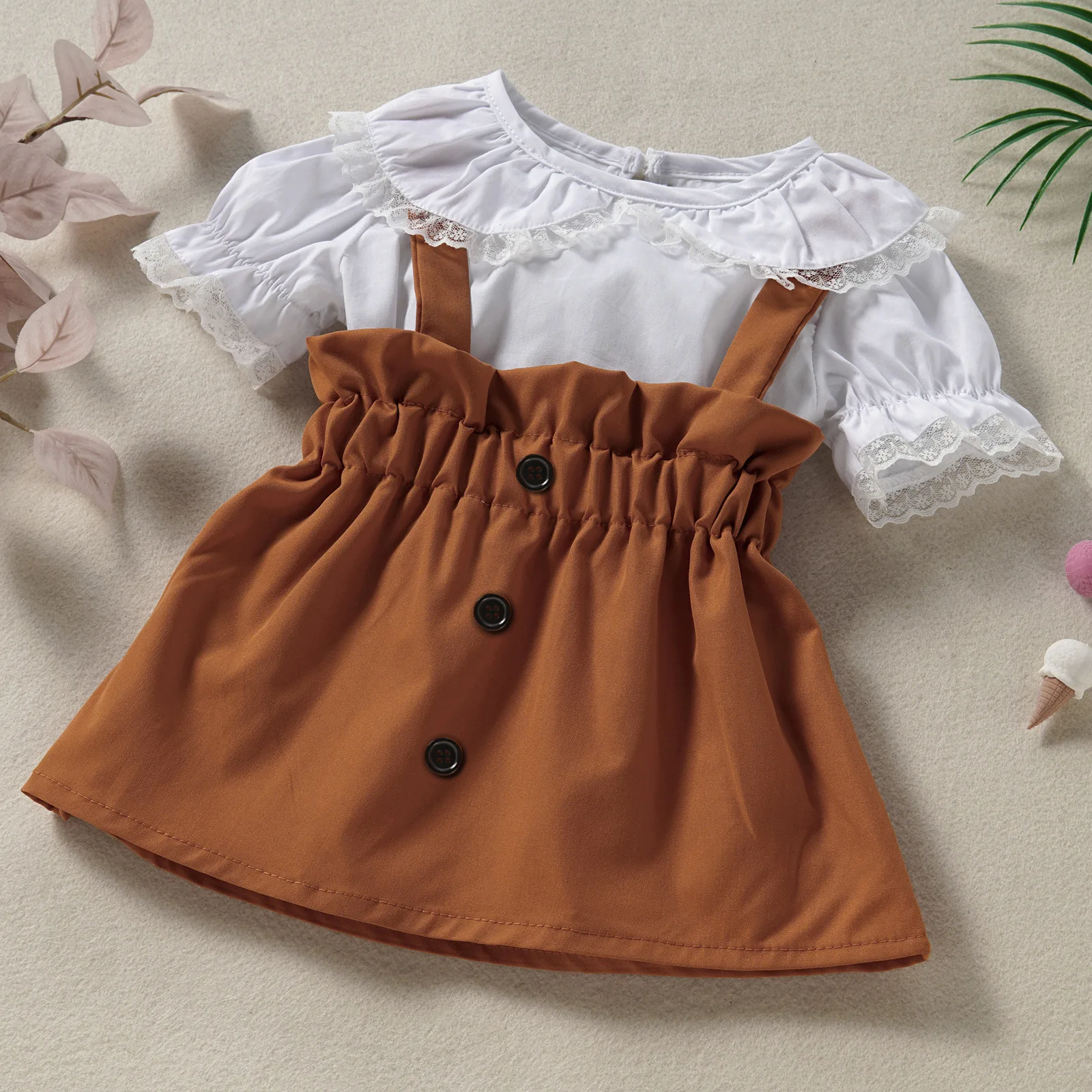 

Summer 2Pcs Baby Girls Casual Clothing Sets Newborns O-Neck Short Sleeve Lace Hem Shirt Tops Suspender Belt Solid Color Skir