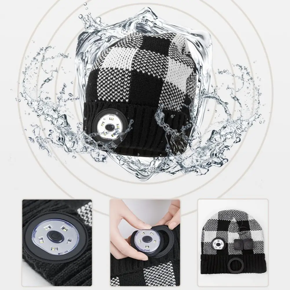 Unisex Headlamp Hat LED 3 Modes USB Charging Autumn Winter Cuffed Windproof Warm Plaid Knitting Beanies Hat For Outdoor