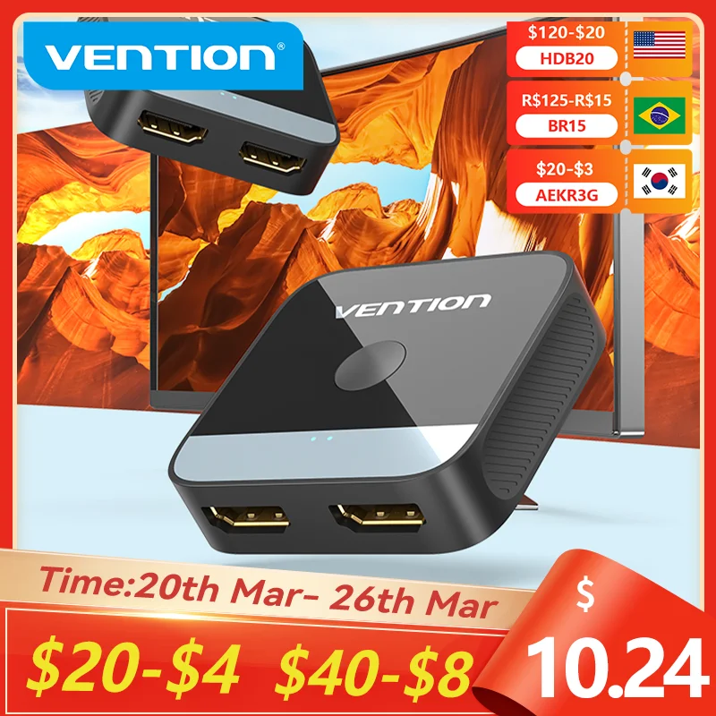 Vention HDMI 2.0 Swicth 4K HDMI Switcher 2 in 1 Out for Xiaomi Mi Box TV Box PS5/4 Blu-Ray Player Fire Stick Roku HDMI Splitter