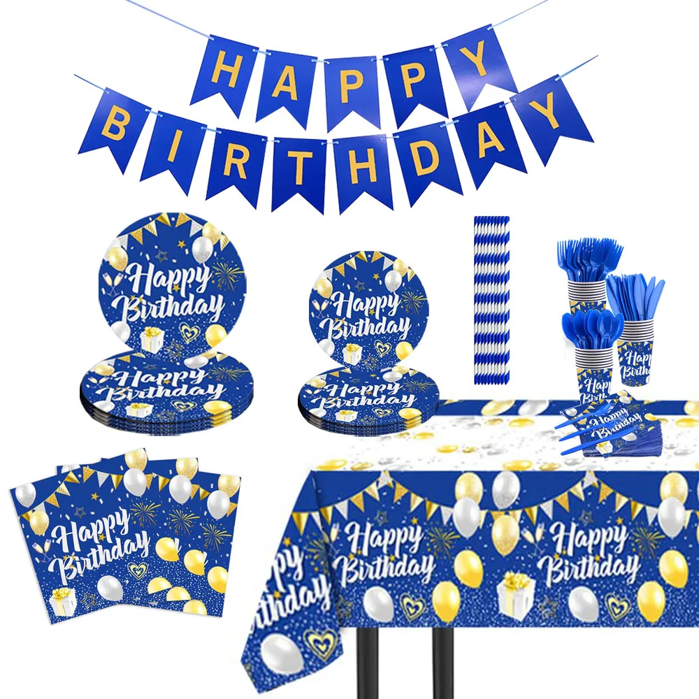 

Happy Birthday Disposable Tableware Set Navy Blue Birthday Plates Cups Napkin Girls Birthday Party Decoration Baby Shower