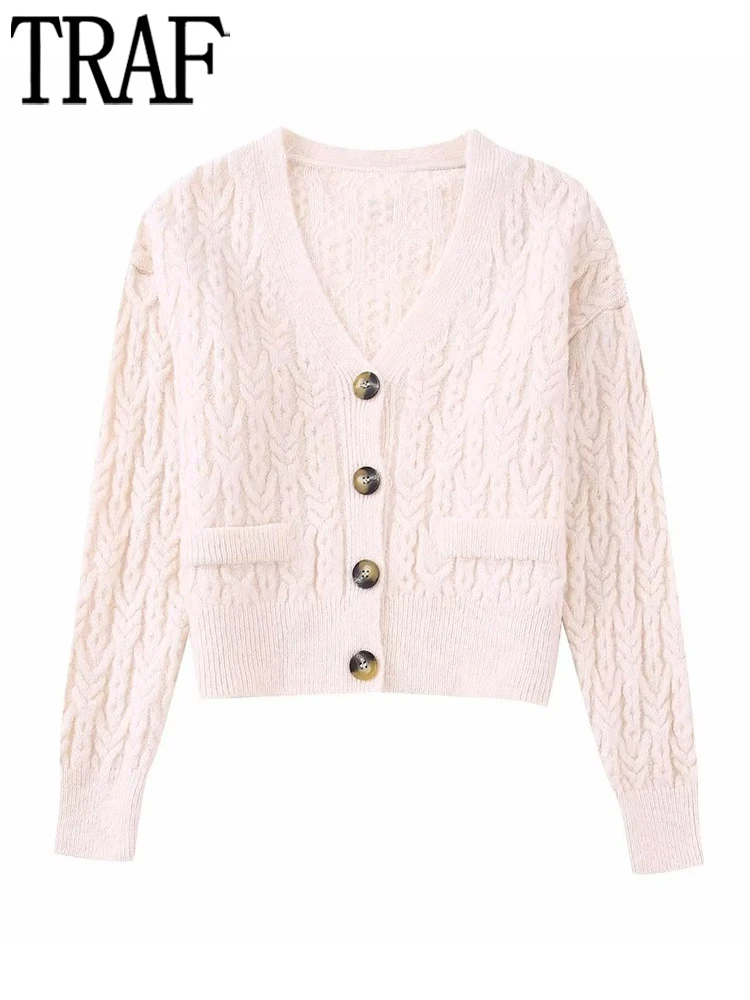 

TRAF Knit Cropped Cardigan Women Beige Knitted Sweater Women Long Sleeve Cardigan Woman Autumn Cable Crop Tops Women Sweaters