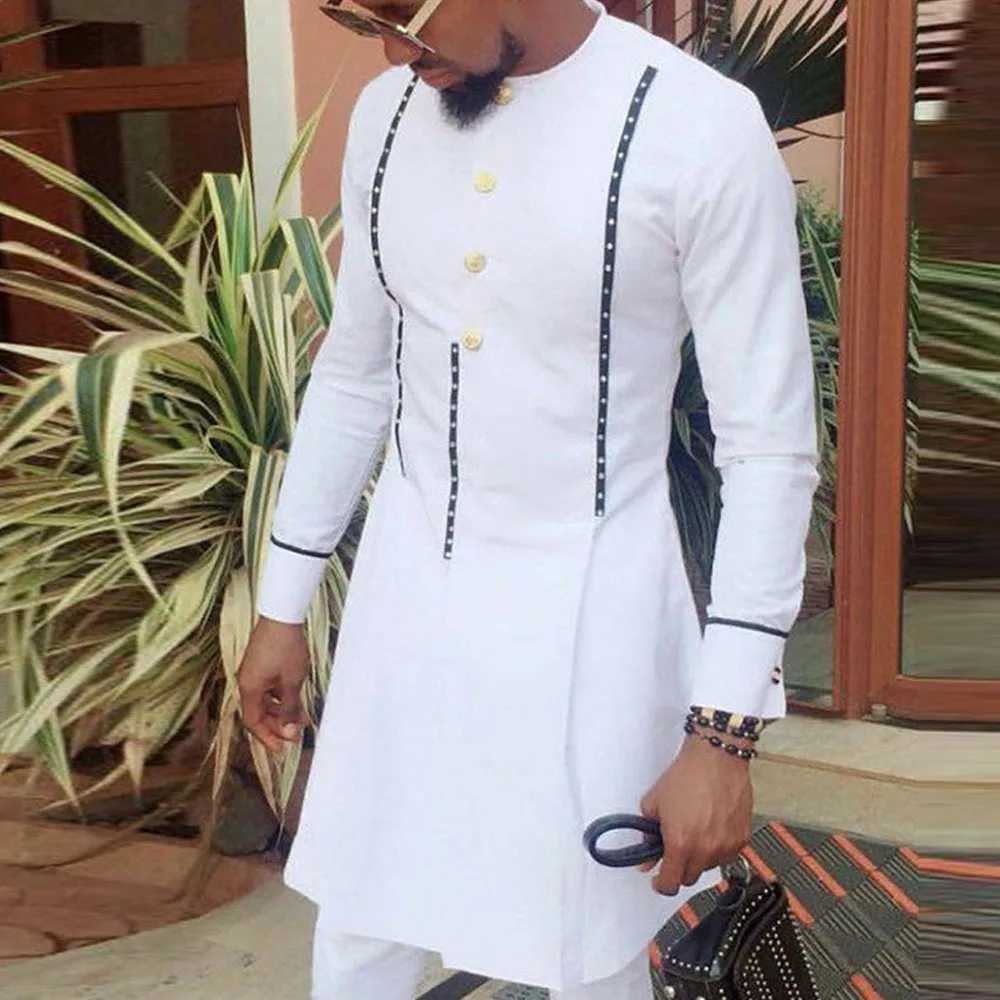 Kaftan African Men's Suit White Long Sleeve Stitching Shirt and Social Pants 2 Pieces Set Wedding Party  Designer Men Clothing