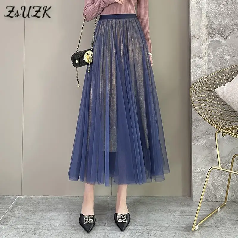 

Women Tulle Pleated Long Skirts Multicolored Gilding Fabric Fahion Skirt Spring Summer Fairy Elegant Jupe Faldas Mujer Moda