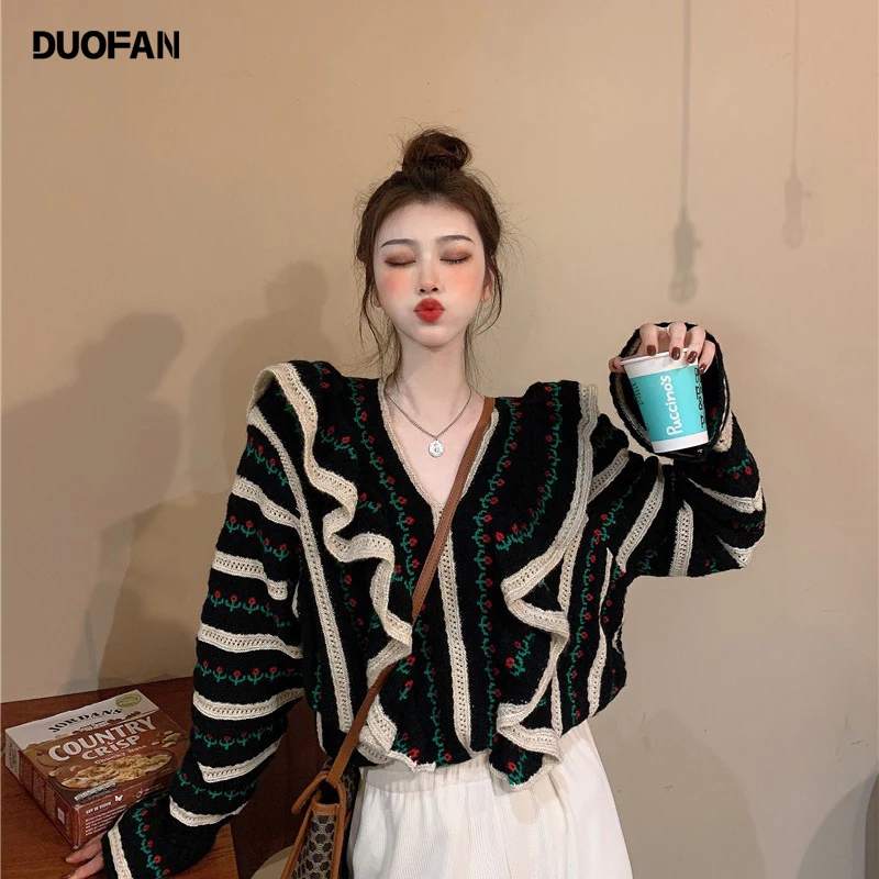 

DUOFAN Autumn Korean Fashion Knitted Sweater Tops Women's Contrast Color Floral Stripes Kawaii Sweet Pullover Ins Sweater Women