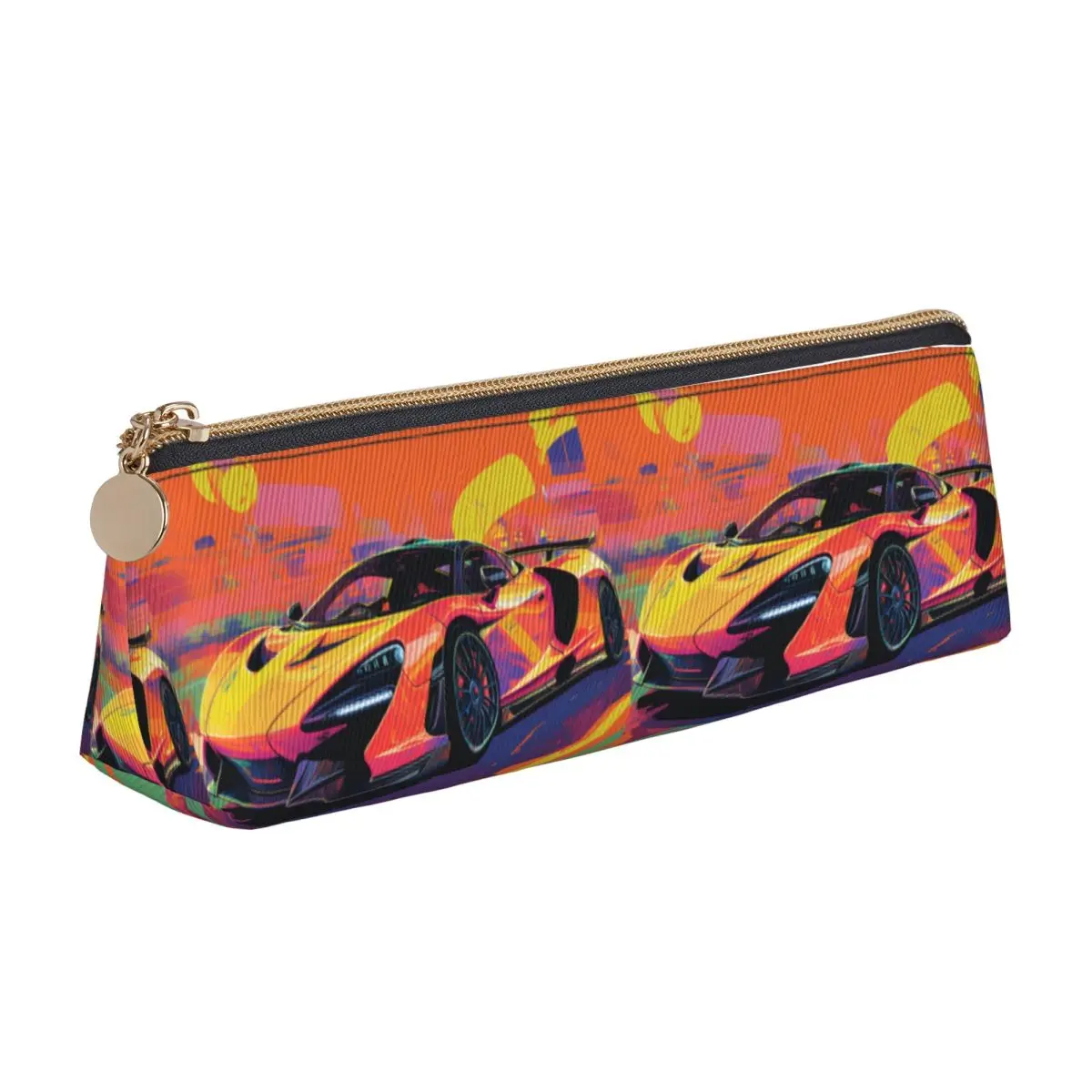 

Fantastic Sports Car Triangle Pencil Case Neo Fauvism Cover Art Retro Zipper Pencil Box For Child School Leather Pen Bags