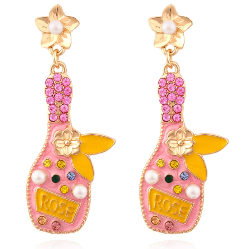 

2022 New Creative Pearl Colored Rhinestone Wine Bottle Earrings for Woman
