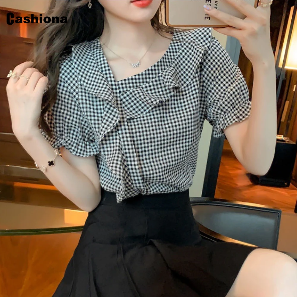 Cashiona 2022 Summer New Diagonal collar Fashion Plaid Bouse Long-sleeve Chiffon Top Plus Size Ladies Ruffles Shirt Blusas Femme