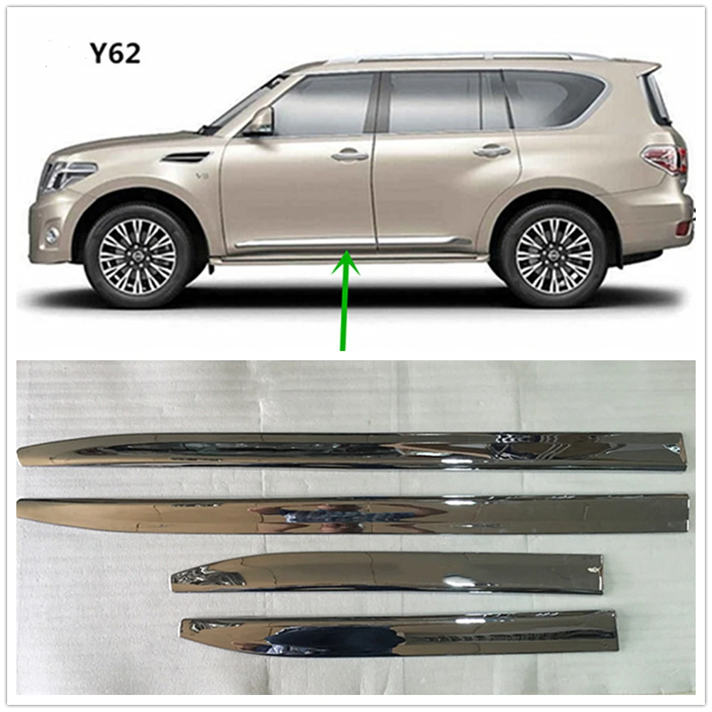 

4pcs Car Chrome Body Door Side Molding Cover Exterior Skirt Stirp Seal Trim Anti-collision Shade For Nissan Patrol Y62 2010-2017